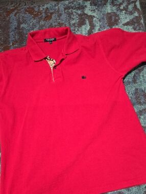 Burberry Red Polo with Check Placket and Embroidered Motif